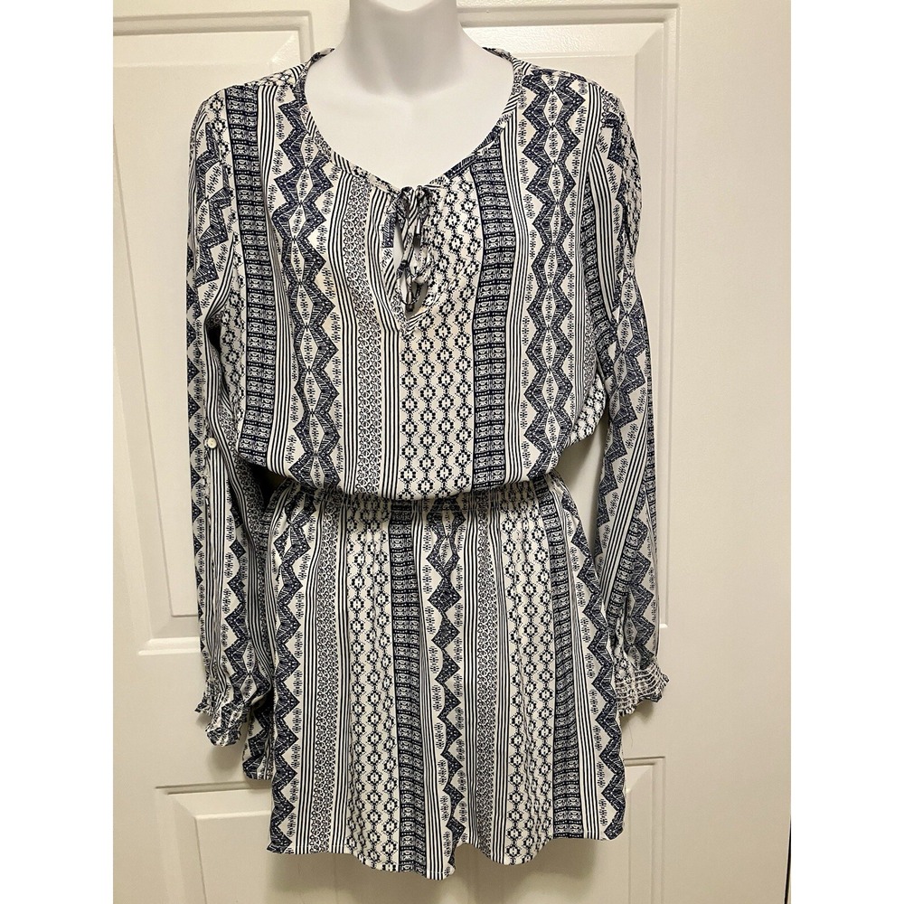 Jack‎ by BB Dakota Peasant Top Tunic Mini Dress M Medium White Blue Boho Shirt